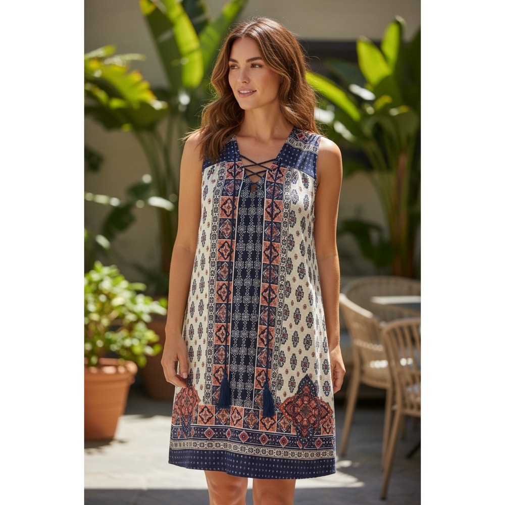 Altard‎ State Boho Tribal Print Lace Up Tassel Sleeveless Dress Size S